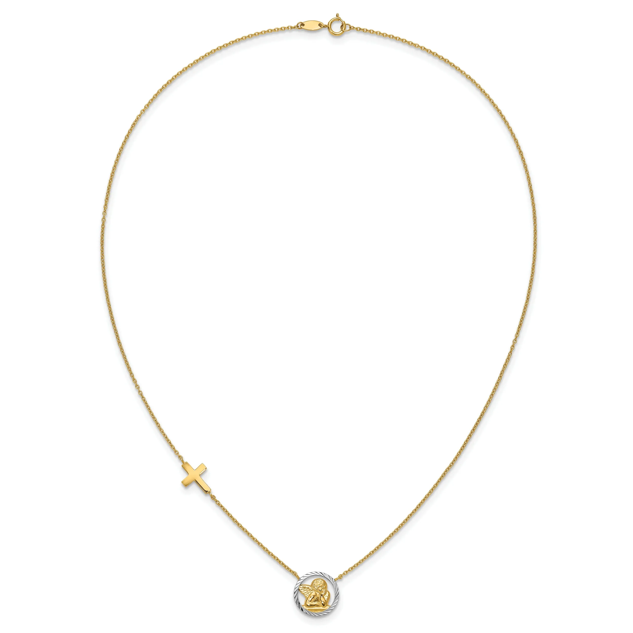 14K Gold Rhodium-Plated Angel & Cross Necklace with Diamond-Cut Elegance