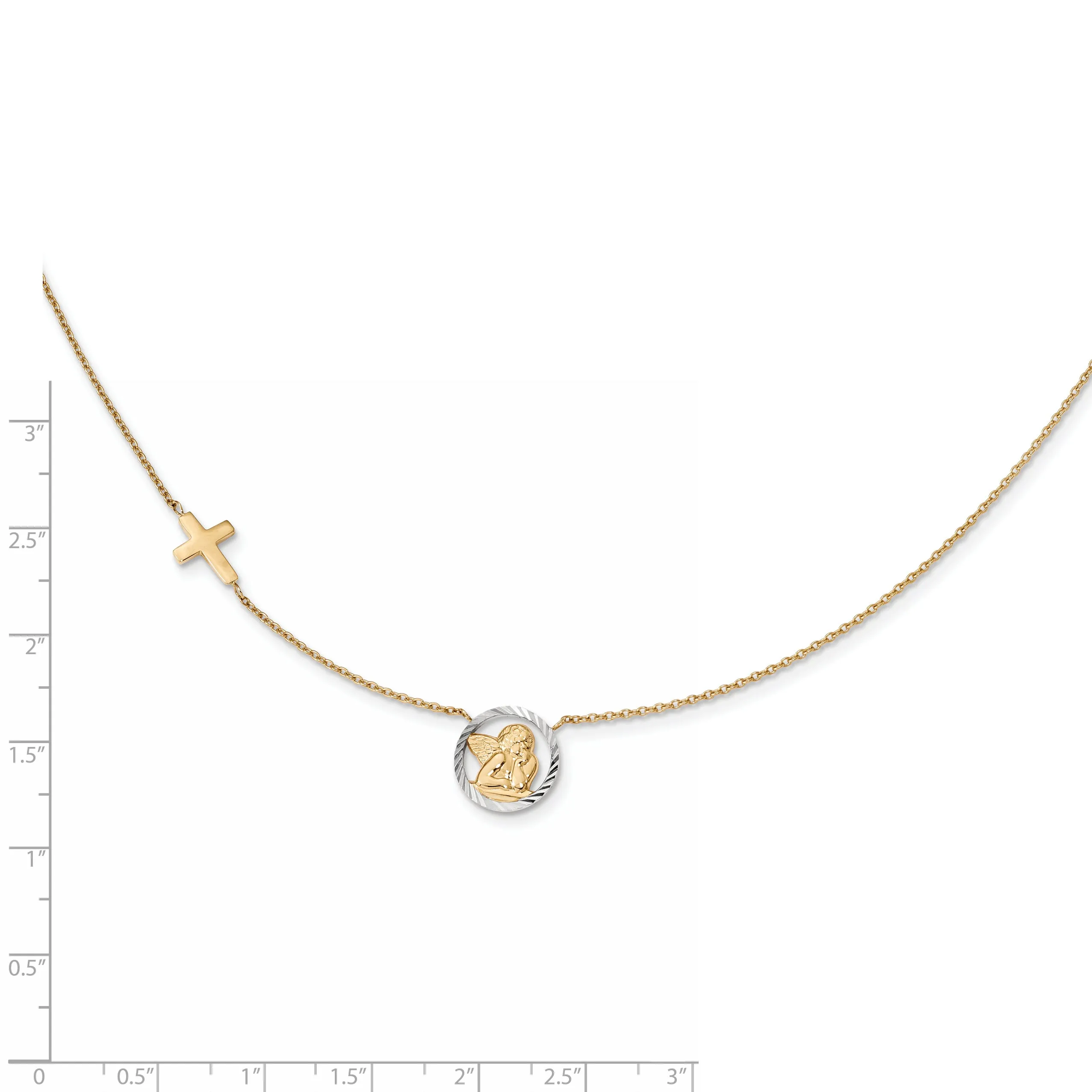 14K Gold Rhodium-Plated Angel & Cross Necklace with Diamond-Cut Elegance