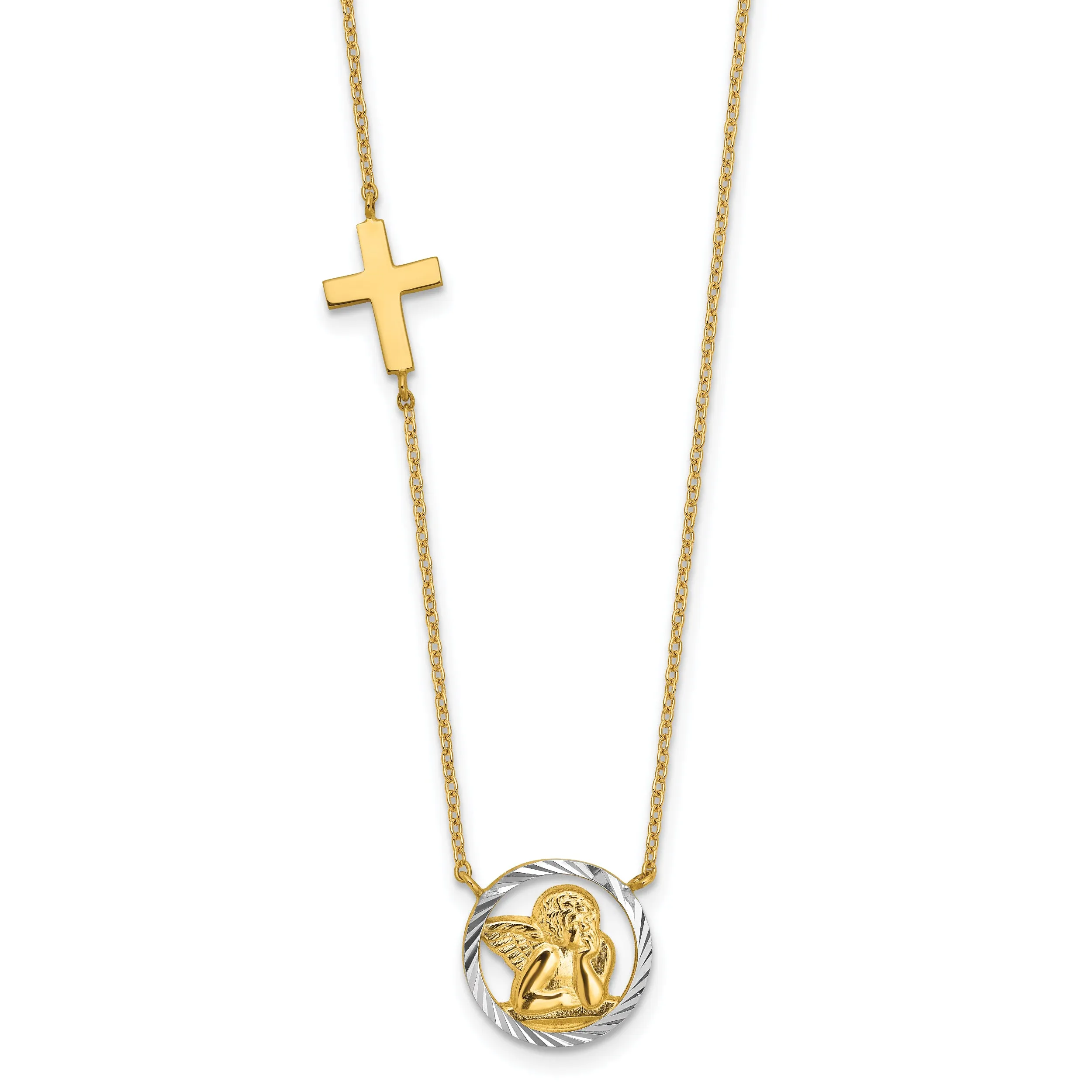 14K Gold Rhodium-Plated Angel & Cross Necklace with Diamond-Cut Elegance