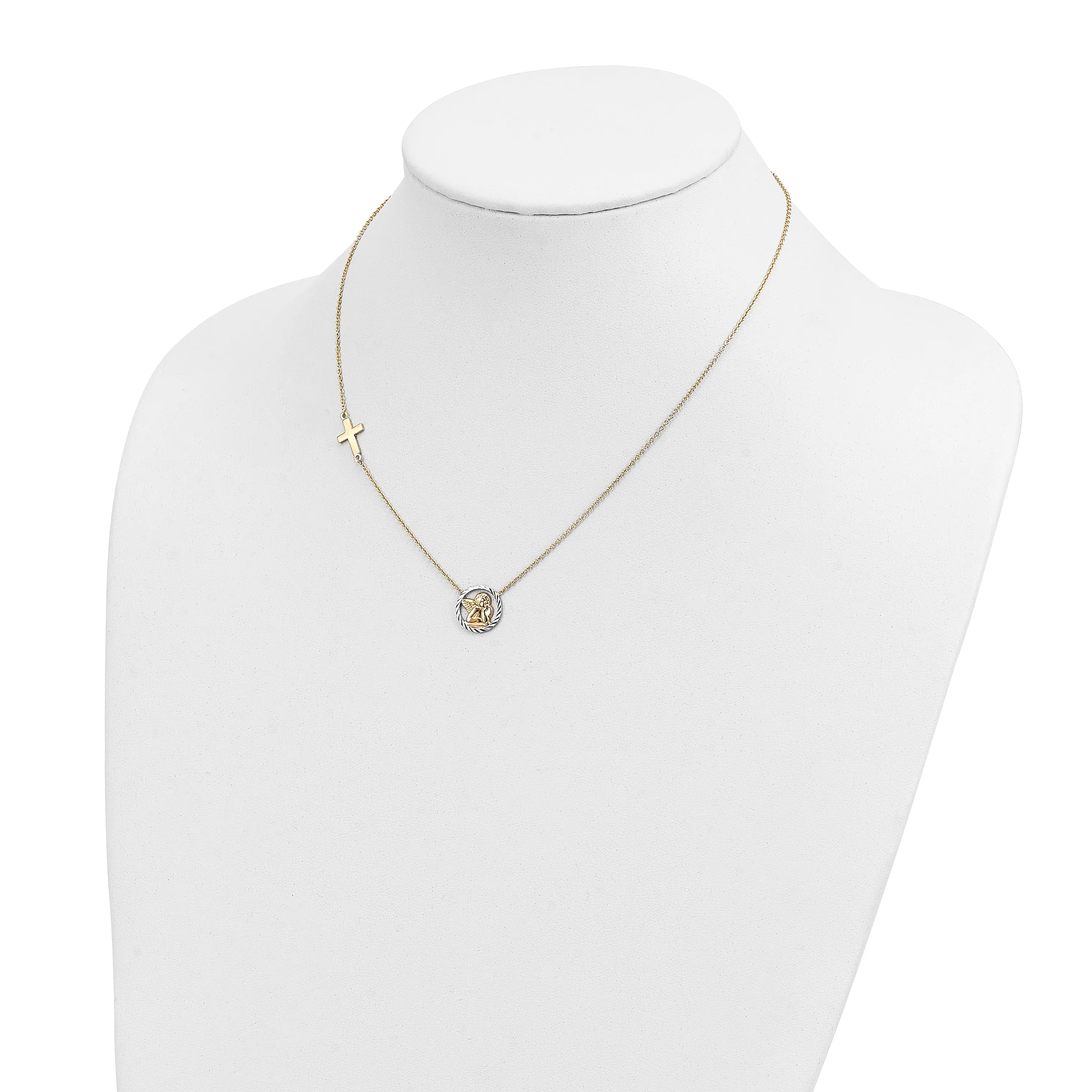 14K Gold Rhodium-Plated Angel & Cross Necklace with Diamond-Cut Elegance