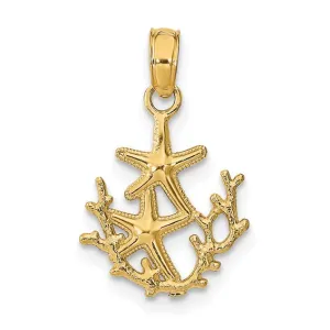 14K Textured Mini Double Starfish and Coral Charm Pendant
