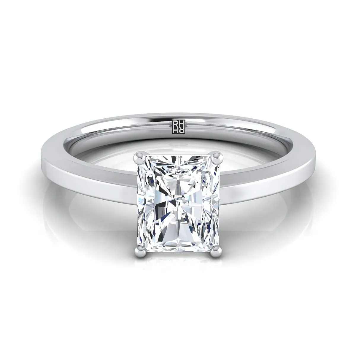 14K White Gold Radiant Cut Center  Beveled Edge Comfort Style Bright Finish Solitaire Engagement Ring