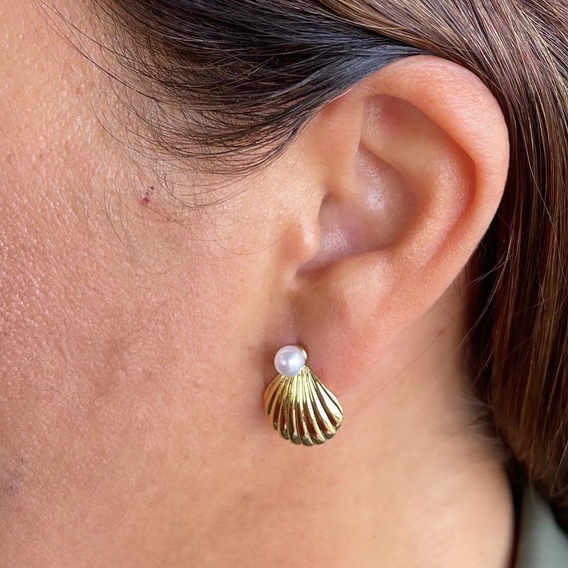 18k Gold Filled Clam Stud Earrings with Pearl Engraved, Pearl Earrings, Shell Earrings,