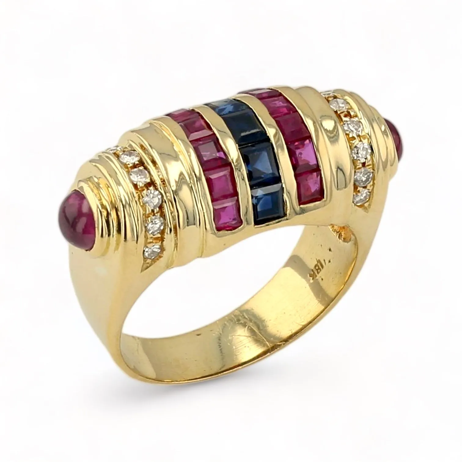 18K solid Yellow gold red Ruby and blue sapphire and diamonds side cabochon ruby luxury ring-8645