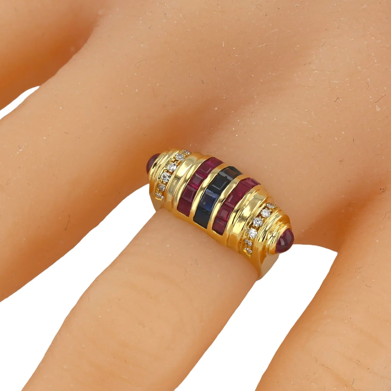 18K solid Yellow gold red Ruby and blue sapphire and diamonds side cabochon ruby luxury ring-8645