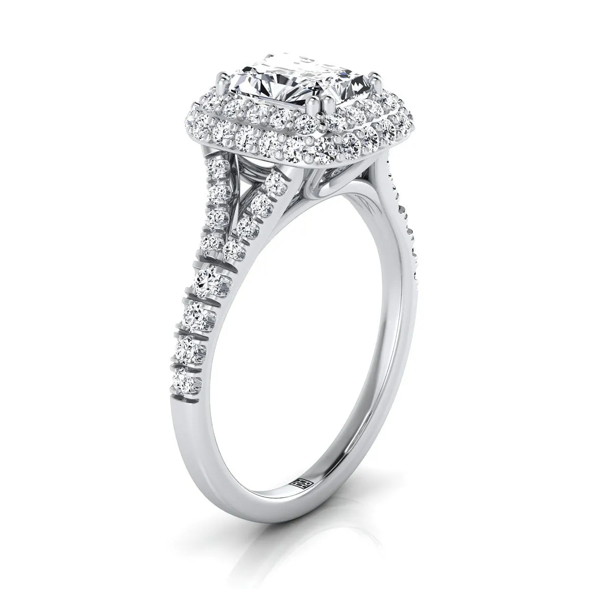18K White Gold Radiant Cut Center Diamond Double Halo Split Shank French Pave Engagement Ring -5/8ctw