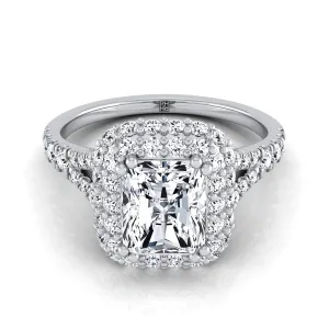 18K White Gold Radiant Cut Center Diamond Double Halo Split Shank French Pave Engagement Ring -5/8ctw
