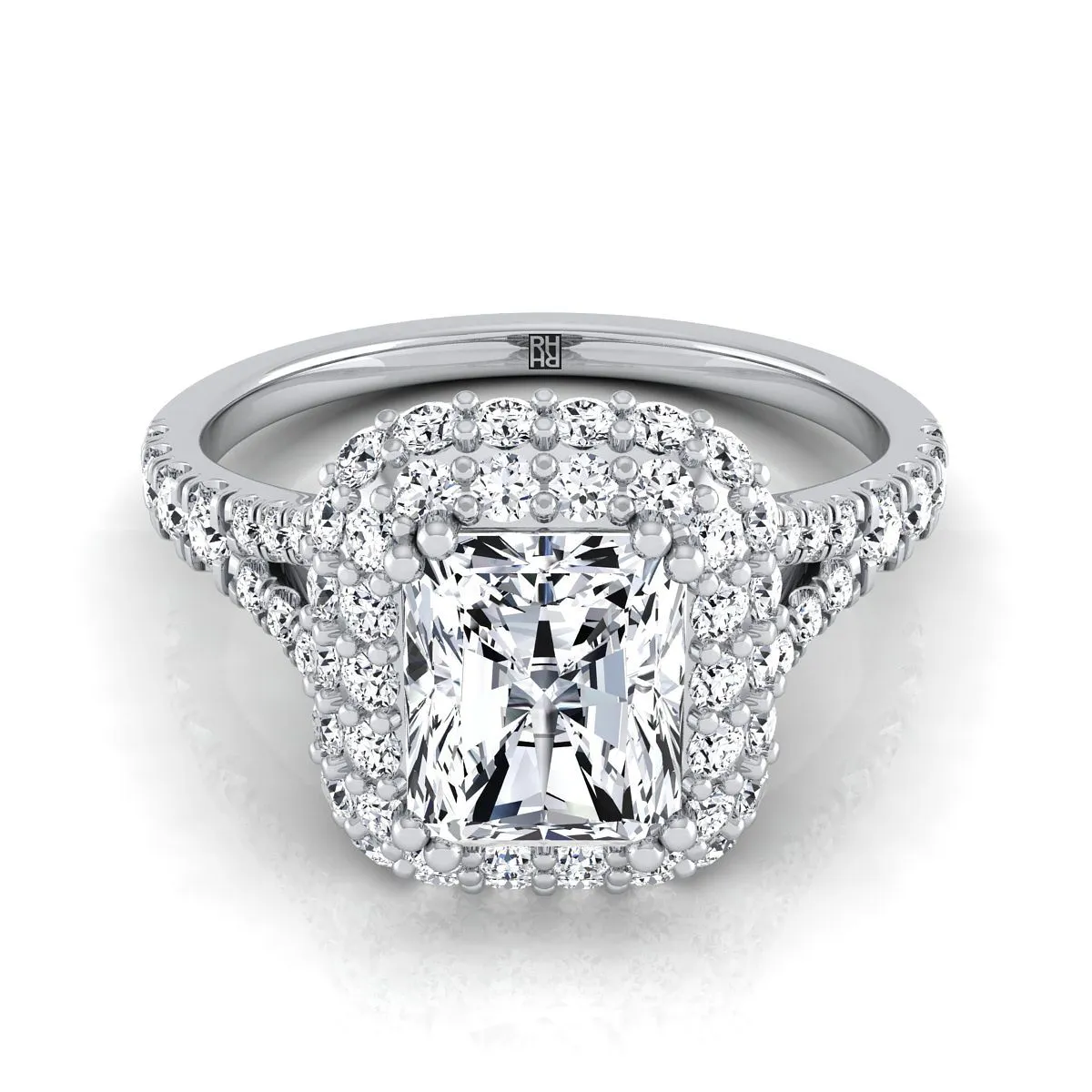 18K White Gold Radiant Cut Center Diamond Double Halo Split Shank French Pave Engagement Ring -5/8ctw