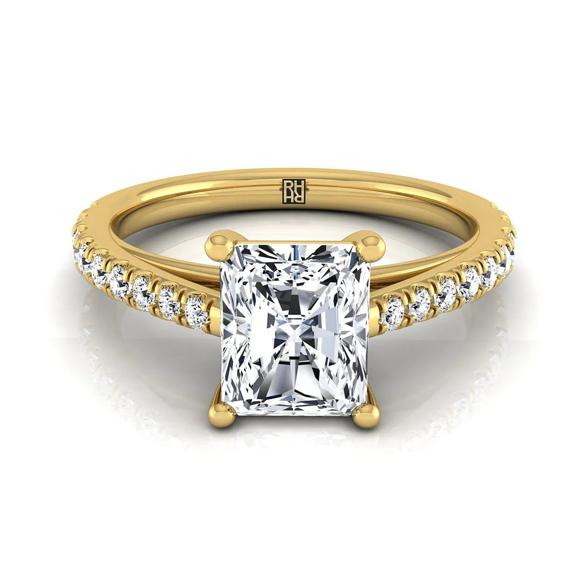 18K Yellow Gold Radiant Cut Center Diamond French Pave Cathedral Style Solitaire Engagement Ring -1/4ctw