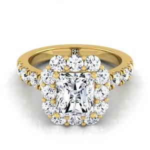 18K Yellow Gold Radiant Cut Center Diamond Luxe Style French Pave Halo Engagement Ring -1-1/10ctw