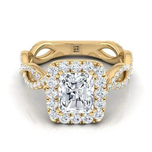 18K Yellow Gold Radiant Cut Center Diamond Ribbon Twist French Pave Halo Engagement Ring -3/4ctw