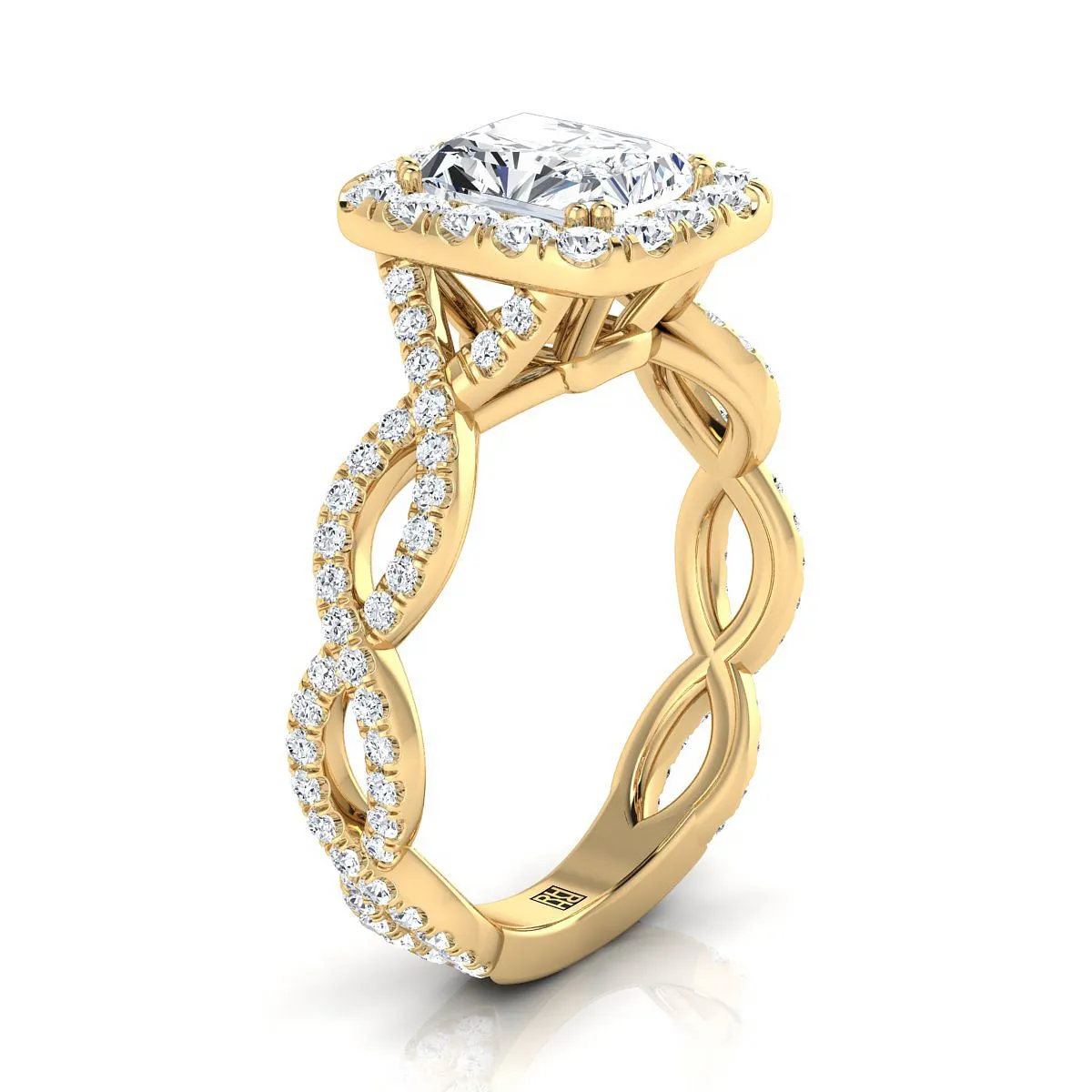 18K Yellow Gold Radiant Cut Center Diamond Ribbon Twist French Pave Halo Engagement Ring -3/4ctw