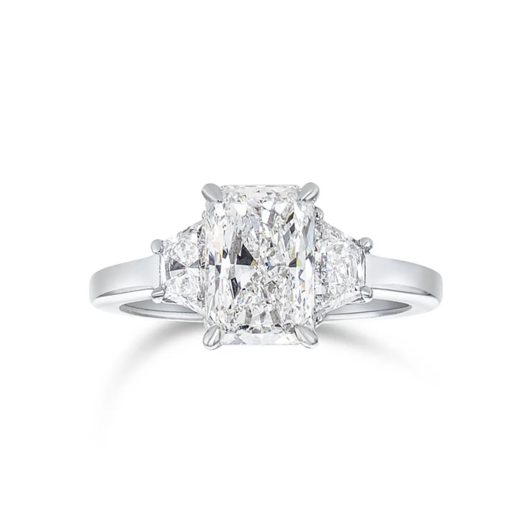 2.01 CT Radiant Diamond and 0.58 CT Trapezoid Three Stone Platinum Engagement Ring