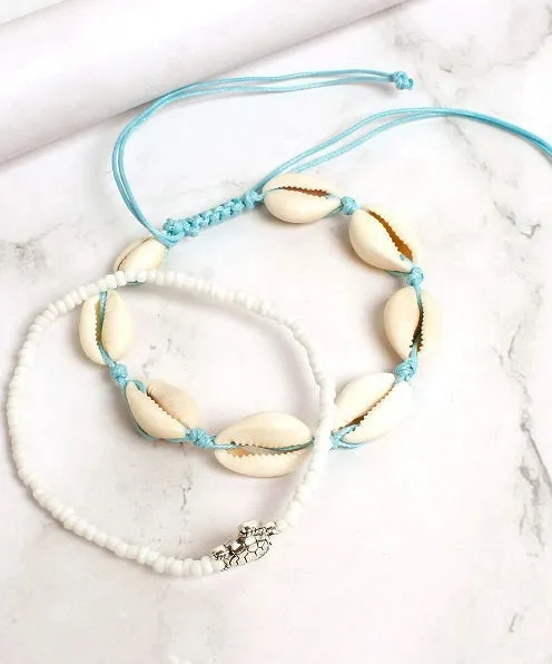2PCS Boho Turquoise Shell Anklet with White Turtle Bead Ankle Bracelet