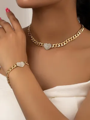 2pcs/set Exquisite Rhinestone Heart Decor Jewelry Set For Women Necklace and
