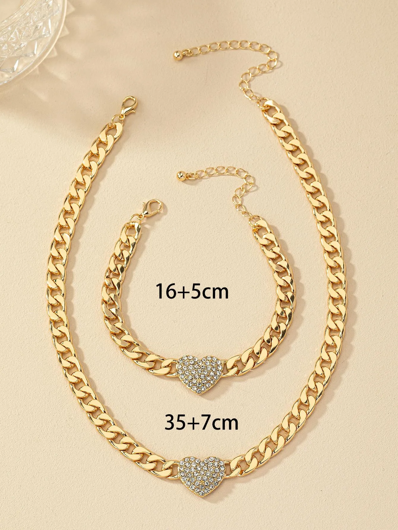2pcs/set Exquisite Rhinestone Heart Decor Jewelry Set For Women Necklace and
