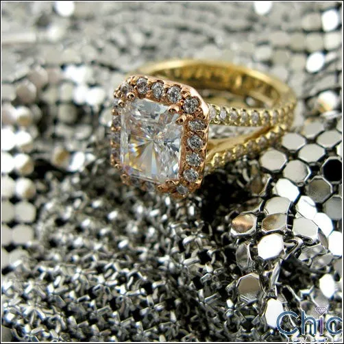 3 Carat Radiant Cubic Zirconia Rose Gold Halo Yellow Shank Ring