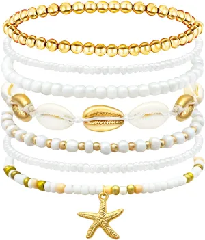 3Pcs Summer Beach Seashell Anklets for Women Starfish Shell Turquoise Beads Ankle Bracelets Adjustable Seashell Ocean Jewelry Gifts