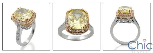 4 Carat Canary Radiant Cushion Cubic Zirconia 14K Rose Gold Halo Pave Cz Engagement Ring