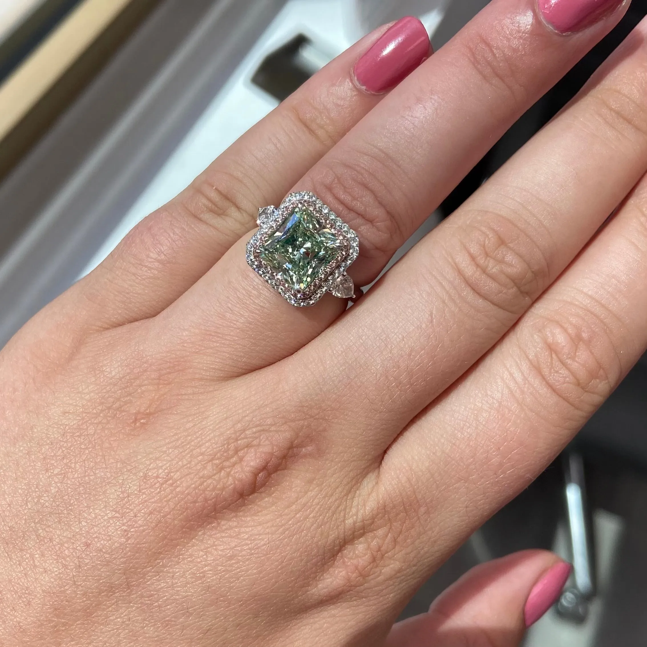 4ct Green Radiant Diamond Ring