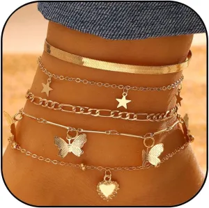 5PCS Gold Anklet Bracelets for Women 14K Gold Layered Anklet Bracelets Dainty Star Butterfly Chain Anklet Gold Foot Anklet Summer Beach Jewelry Gifts for Women