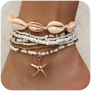 6 Pcs Boho Women Gold Shell Ankle Bracelets Summer Beach Starfish Anklet Glitter Tennis Foot Chain Wedding Bling Anklets Accessories for Women