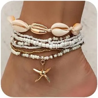 6 Pcs Boho Women Gold Shell Ankle Bracelets Summer Beach Starfish Anklet Glitter Tennis Foot Chain Wedding Bling Anklets Accessories for Women