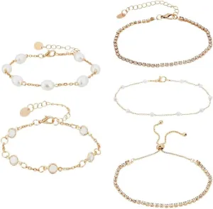 AHANDMAKER 5Pcs Link Chain Anklets, 5 Style Golden Ankle Bracelets Adjustable Link Chain, Stackable Anklet Bracelet Jewelry Gift for Women Summer Beach Gift