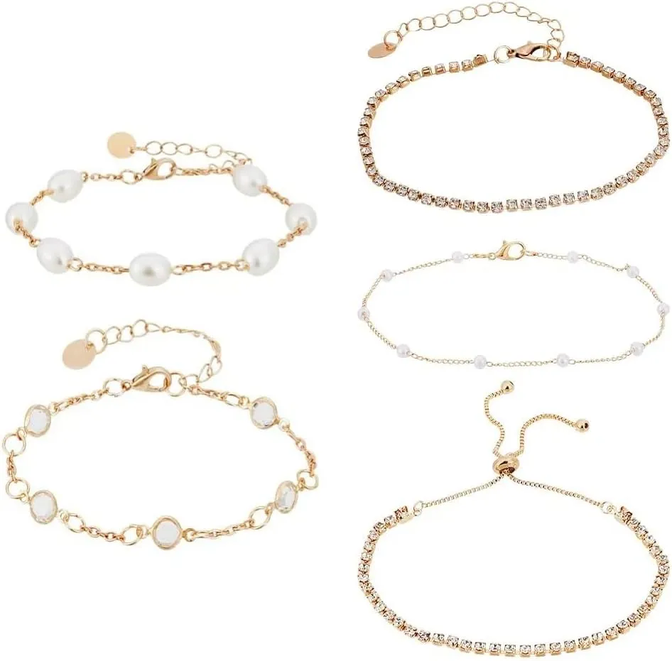 AHANDMAKER 5Pcs Link Chain Anklets, 5 Style Golden Ankle Bracelets Adjustable Link Chain, Stackable Anklet Bracelet Jewelry Gift for Women Summer Beach Gift