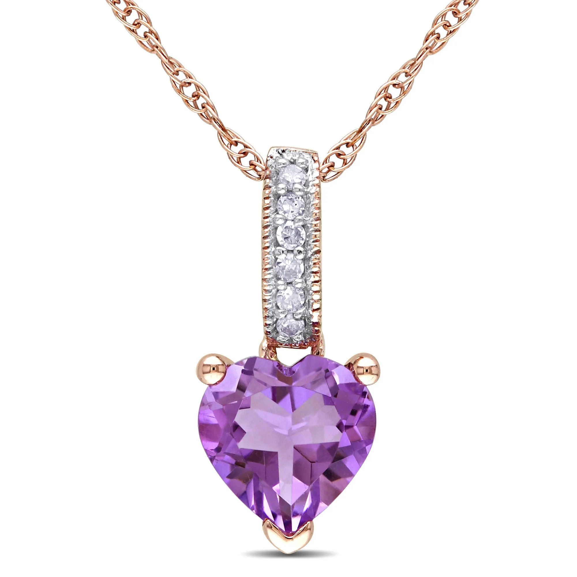 Amethyst Heart and Diamond Rose Gold Drop Pendant 1/4ctw