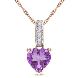 Amethyst Heart and Diamond Rose Gold Drop Pendant 1/4ctw