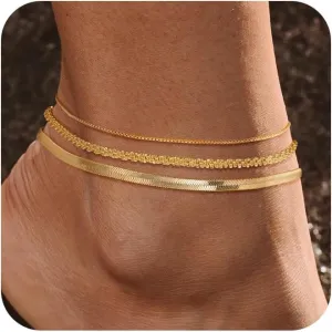 Ankle Bracelets for Women - 14K Gold/Silver Anklets for Women Waterproof Women's Anklets set Snake/Cuban/Paperclip/Box/Block Bead Ankle Bracelets Adjustable Ankle Bracelets for Women Sumer Beach Jewelry Gift