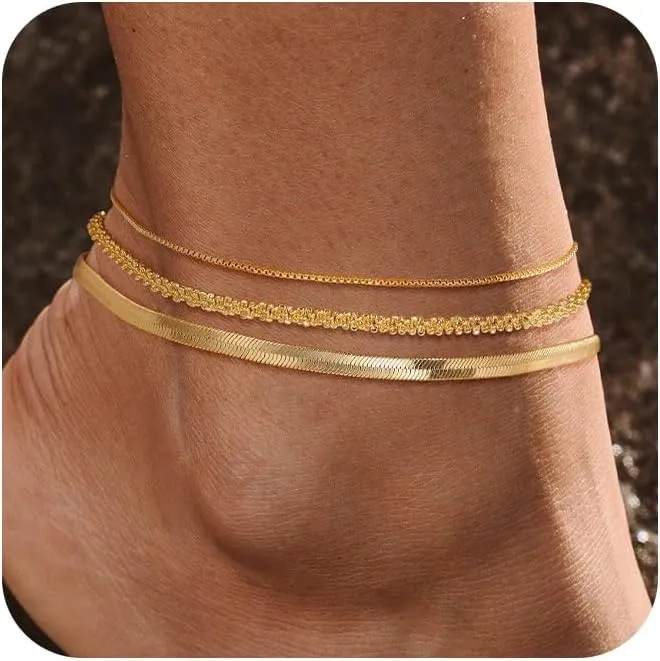 Ankle Bracelets for Women - 14K Gold/Silver Anklets for Women Waterproof Women's Anklets set Snake/Cuban/Paperclip/Box/Block Bead Ankle Bracelets Adjustable Ankle Bracelets for Women Sumer Beach Jewelry Gift