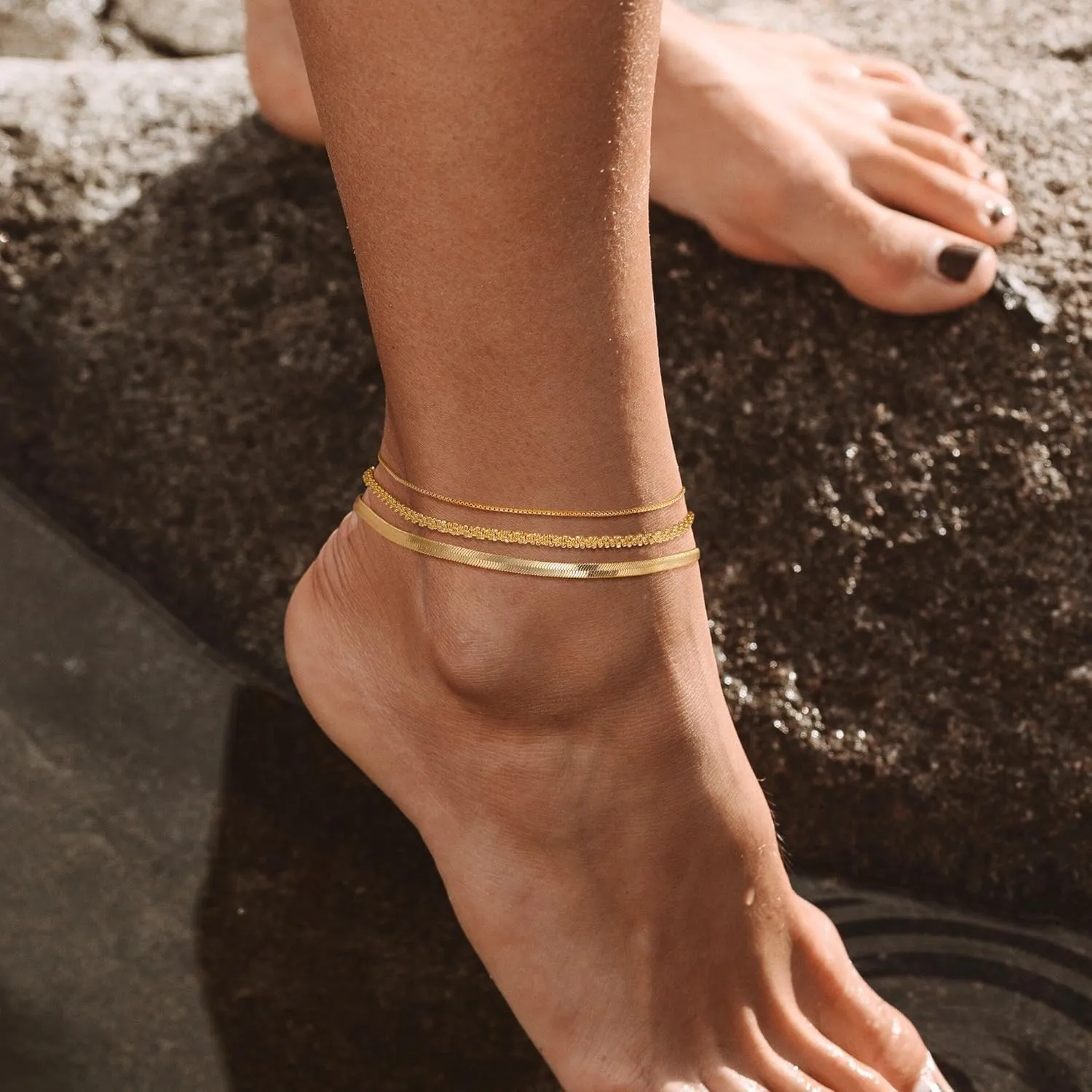 Ankle Bracelets for Women - 14K Gold/Silver Anklets for Women Waterproof Women's Anklets set Snake/Cuban/Paperclip/Box/Block Bead Ankle Bracelets Adjustable Ankle Bracelets for Women Sumer Beach Jewelry Gift
