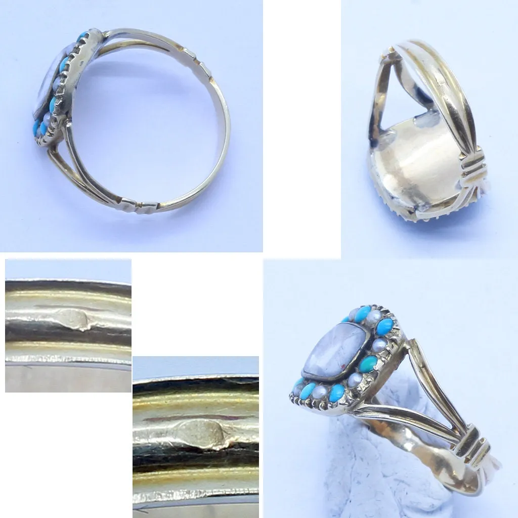 Antique Georgian Ring Turquoise Pearls 14k Gold Love Token Memorial (6529)