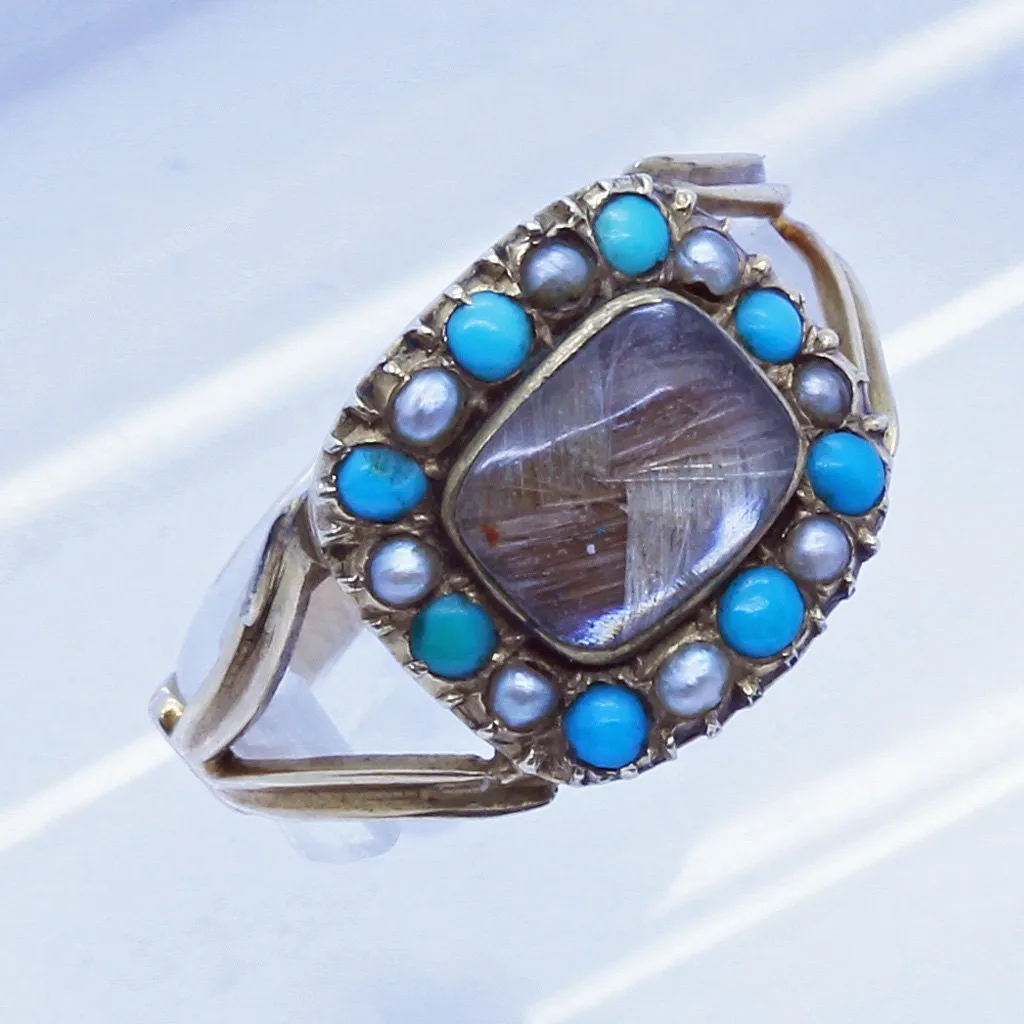Antique Georgian Ring Turquoise Pearls 14k Gold Love Token Memorial (6529)
