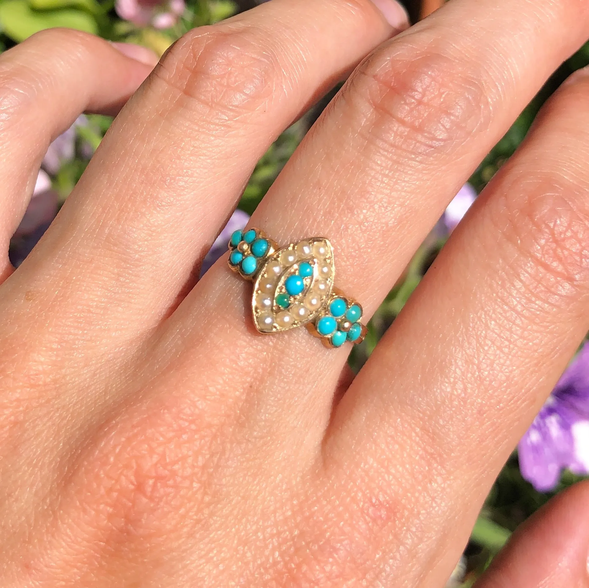 Antique Victorian 15ct Gold Turquoise Forget Me Not Ring