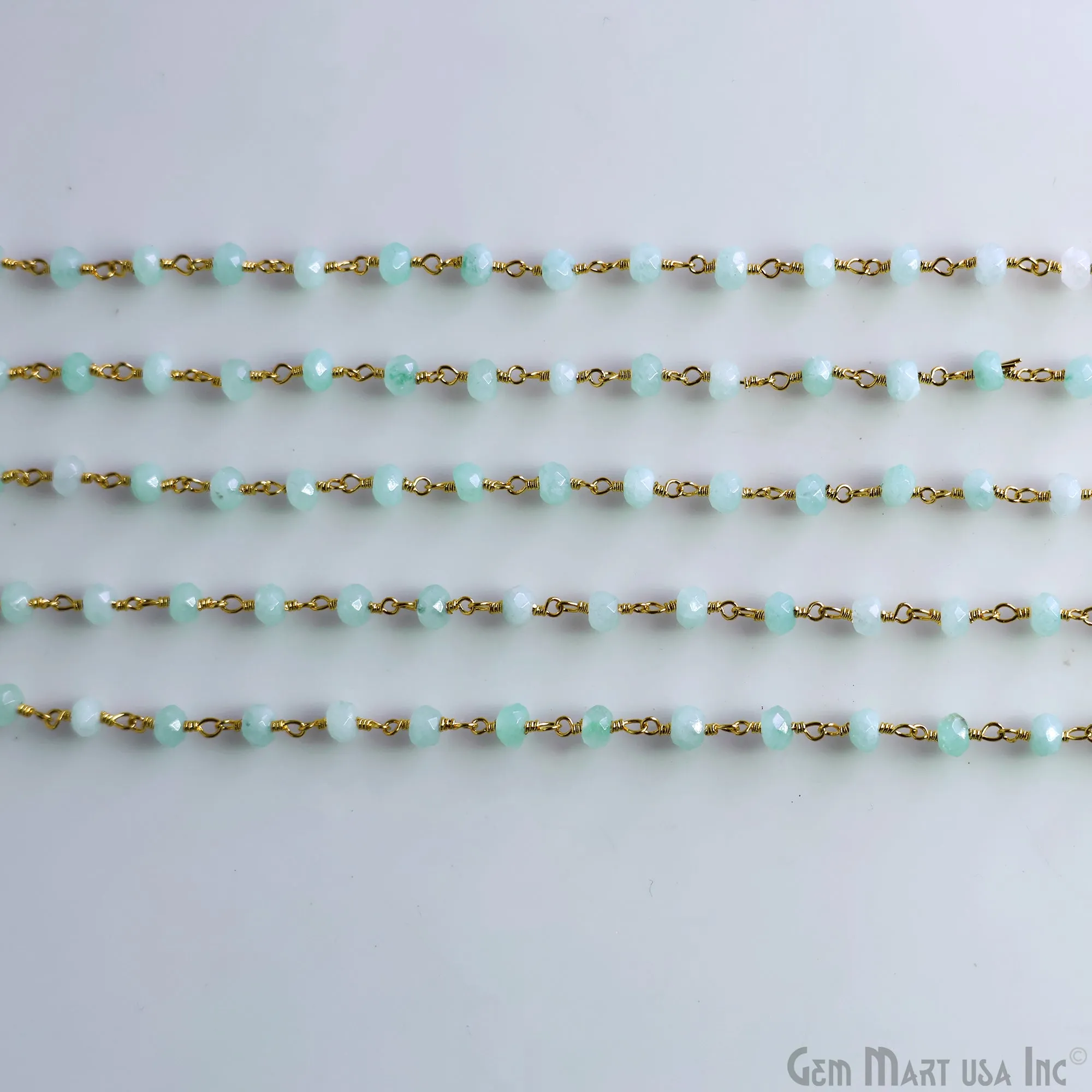 Aqua Chalcedony 4mm Round Faceted Beads Gold Wire Wrapped Rosary