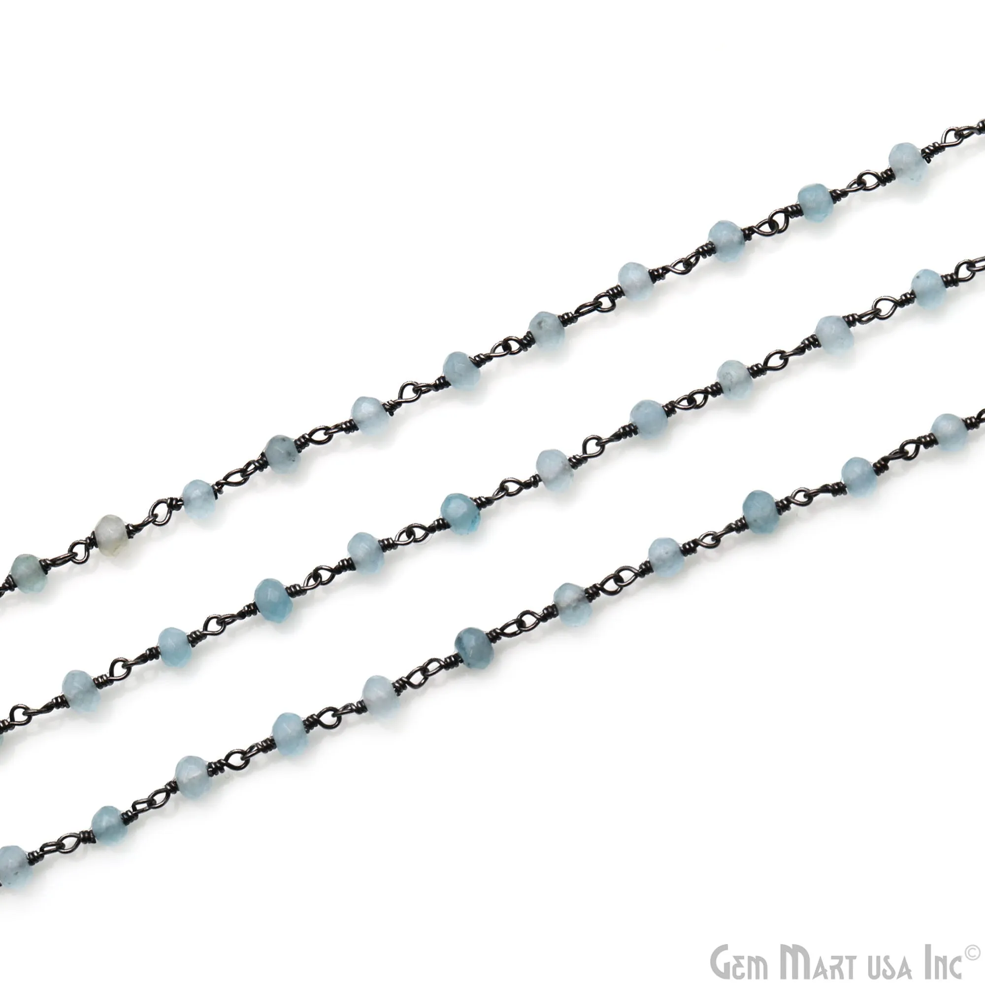 Aqua Jade 4mm Faceted Beads Oxidized Wire Wrapped Rosary Chain