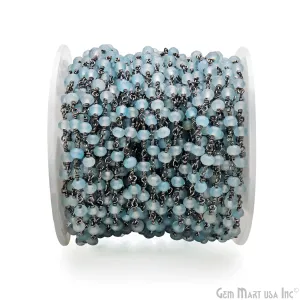 Aqua Jade 4mm Faceted Beads Oxidized Wire Wrapped Rosary Chain