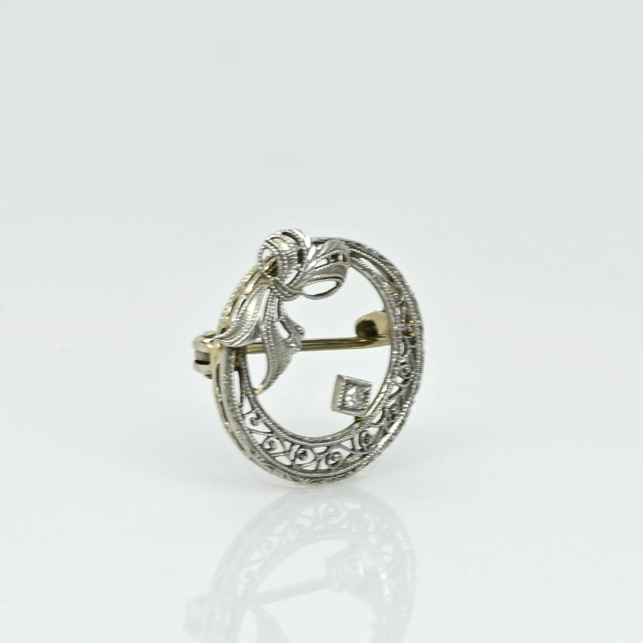 Art Deco Filigree Circle Diamond Bow Brooch