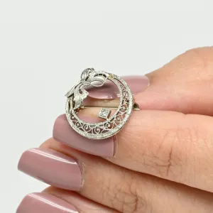 Art Deco Filigree Circle Diamond Bow Brooch