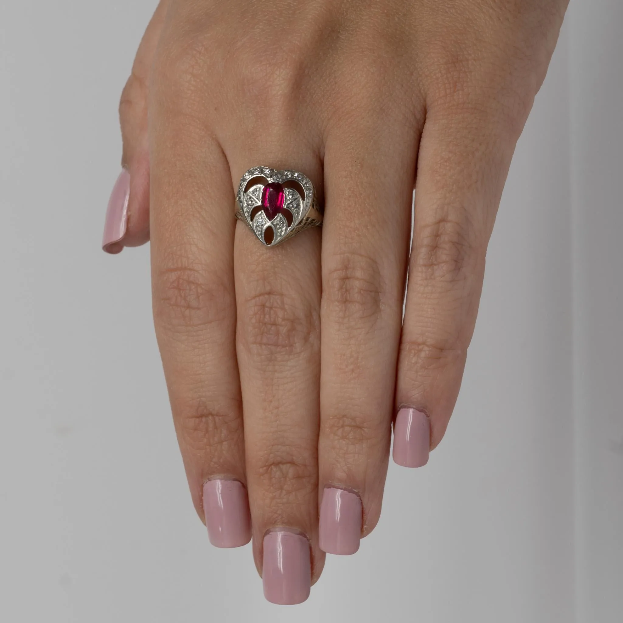 Art Deco Ruby & Diamond 14k White Gold Filigree Heart Ring