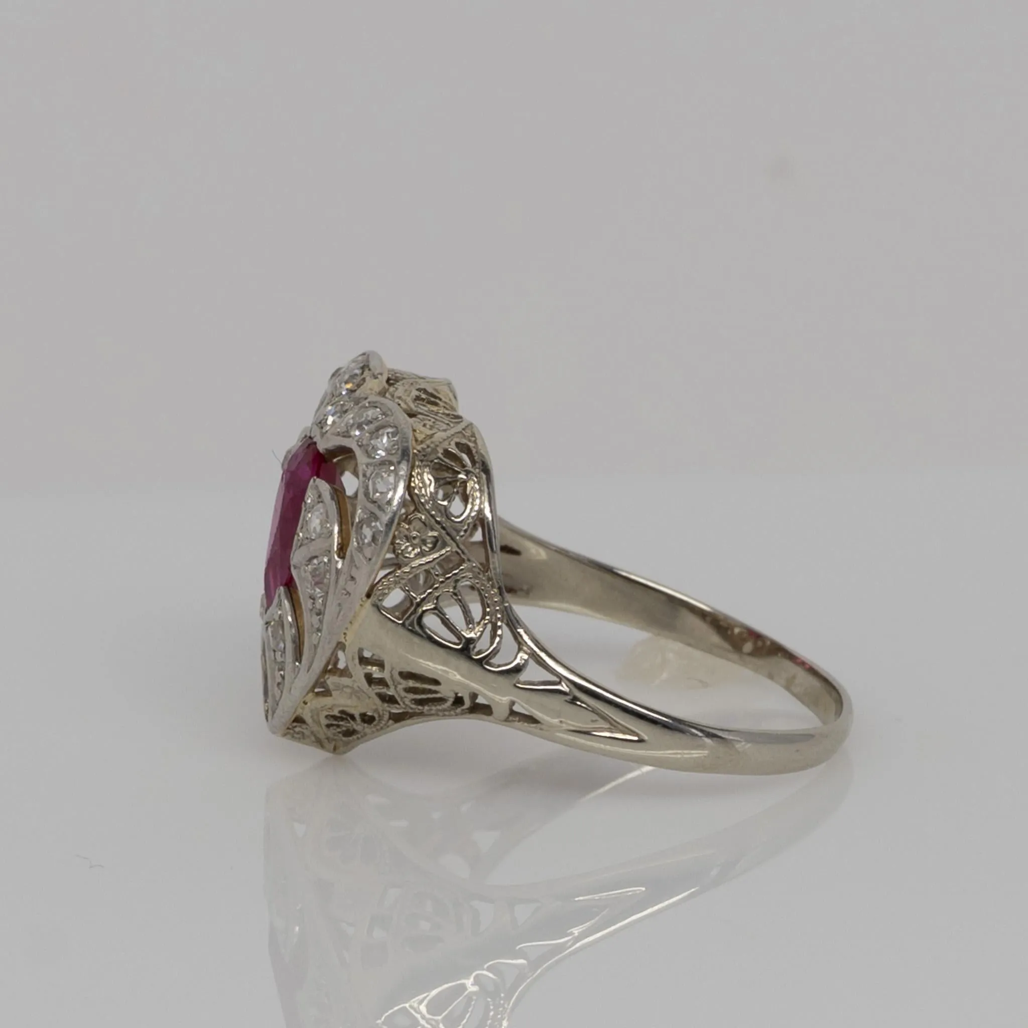 Art Deco Ruby & Diamond 14k White Gold Filigree Heart Ring