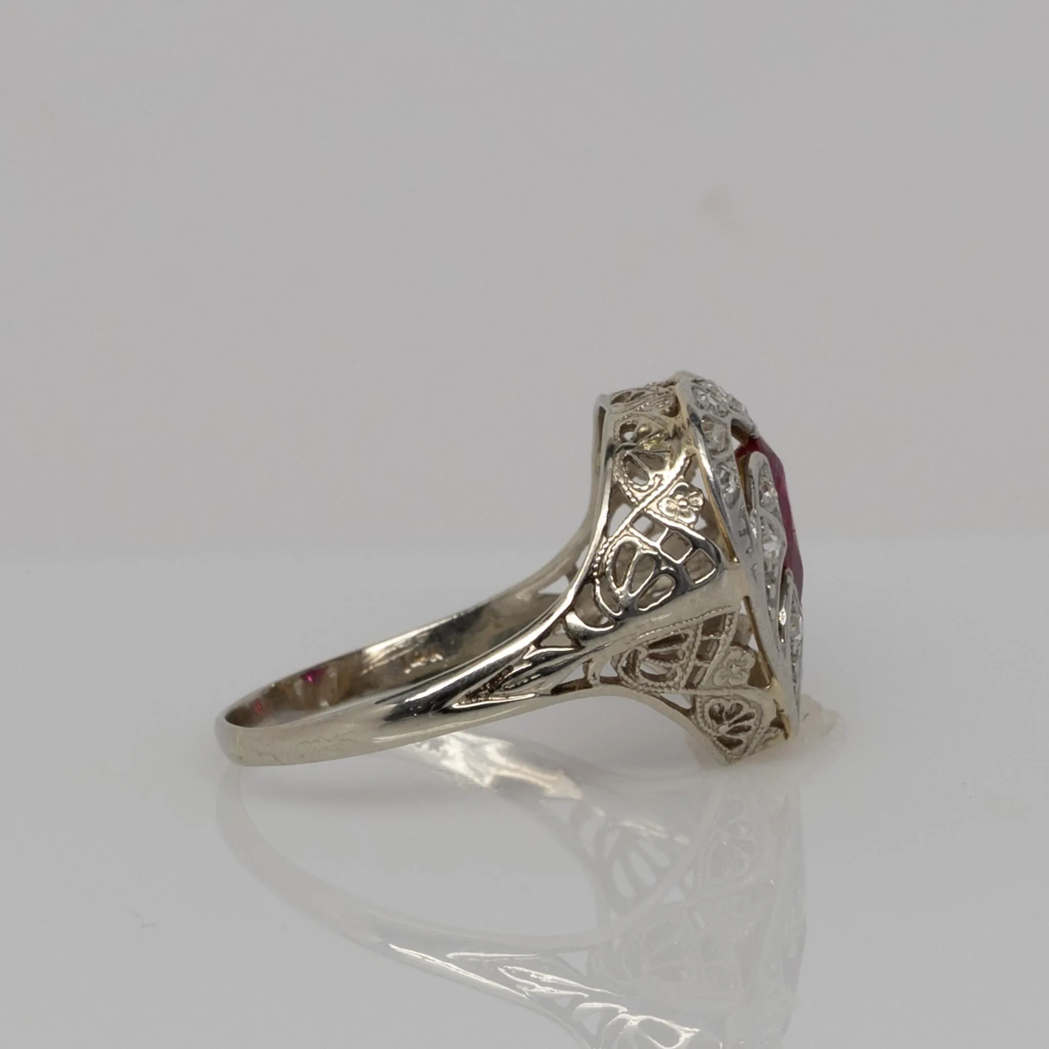 Art Deco Ruby & Diamond 14k White Gold Filigree Heart Ring