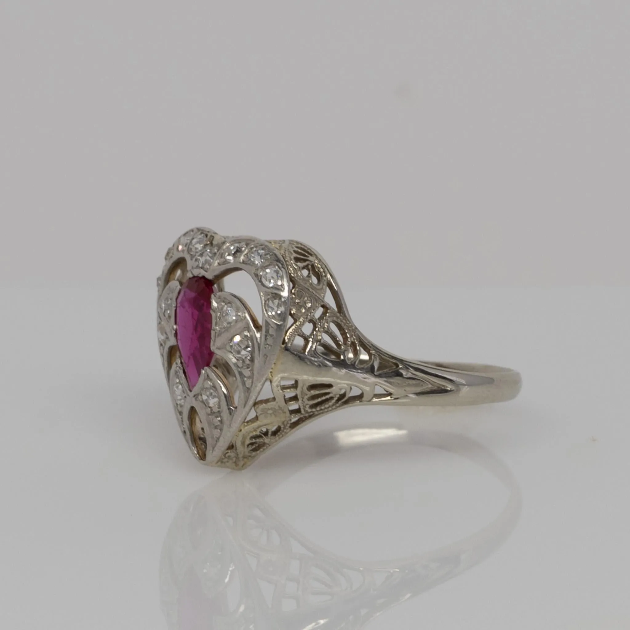 Art Deco Ruby & Diamond 14k White Gold Filigree Heart Ring