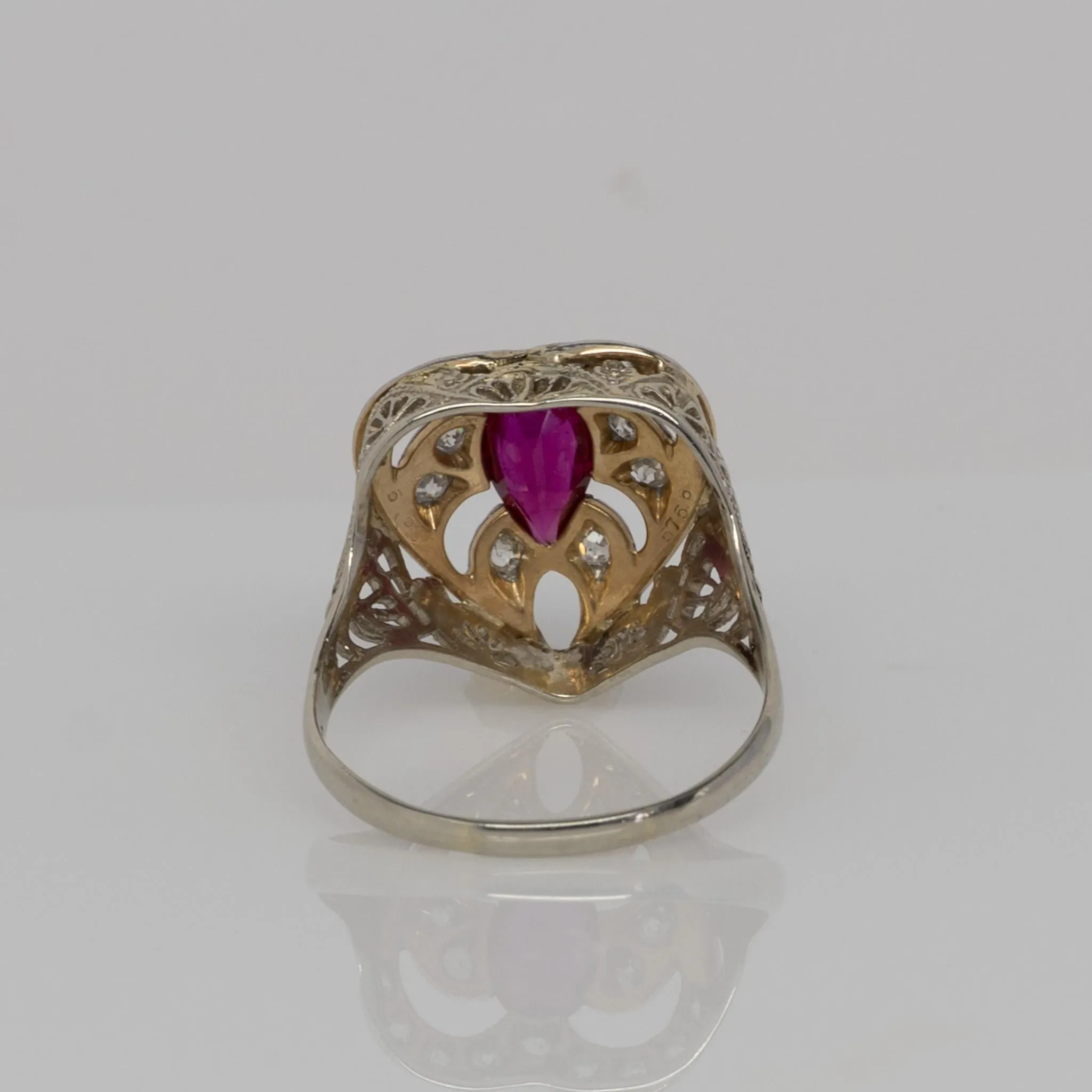 Art Deco Ruby & Diamond 14k White Gold Filigree Heart Ring