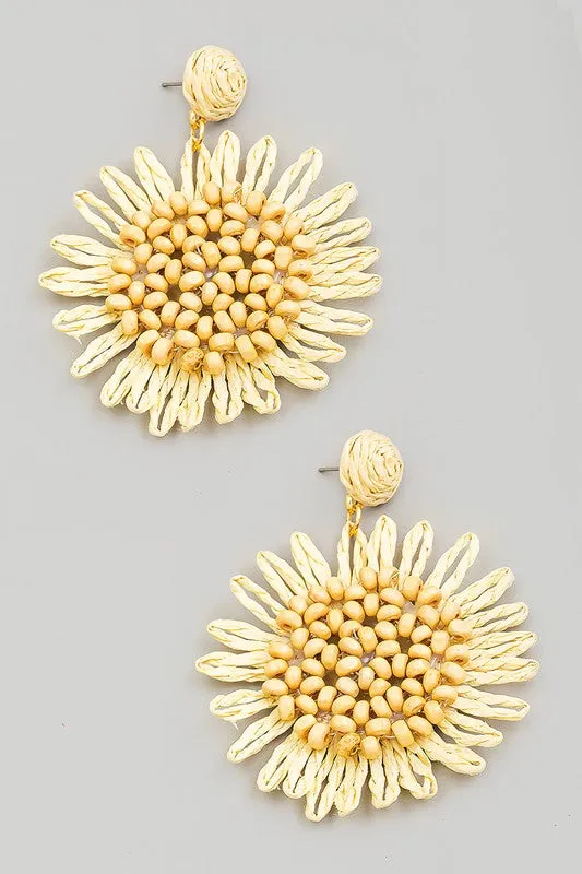 Beaded Raffia Flower Drop Earrings