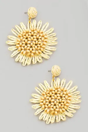 Beaded Raffia Flower Drop Earrings