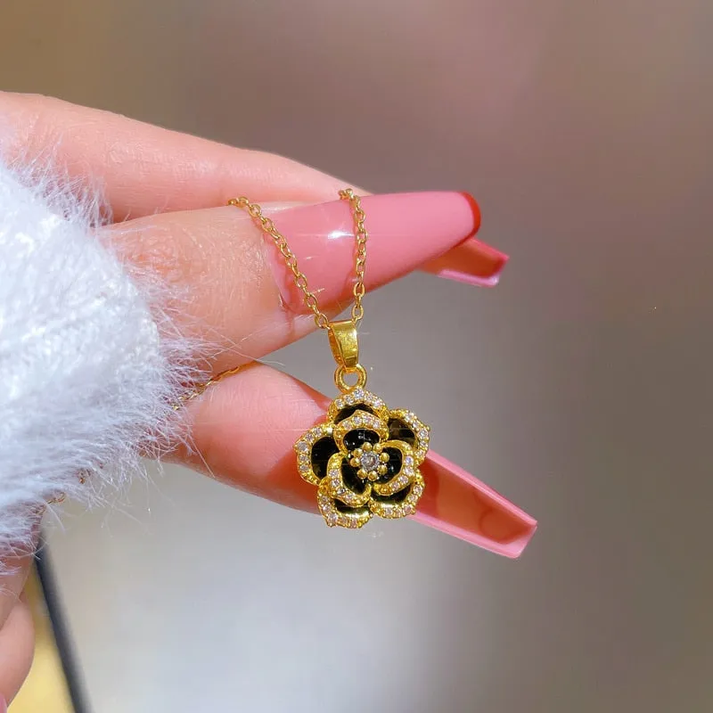 Beautiful Flower Chain Long Style Exquisite Black Camellia Clavicle Chain Necklace For Women